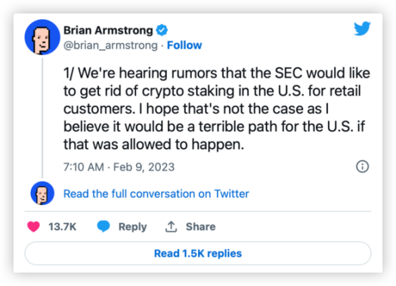 SEC叫停链上质押，Coinbase随即暴跌14%