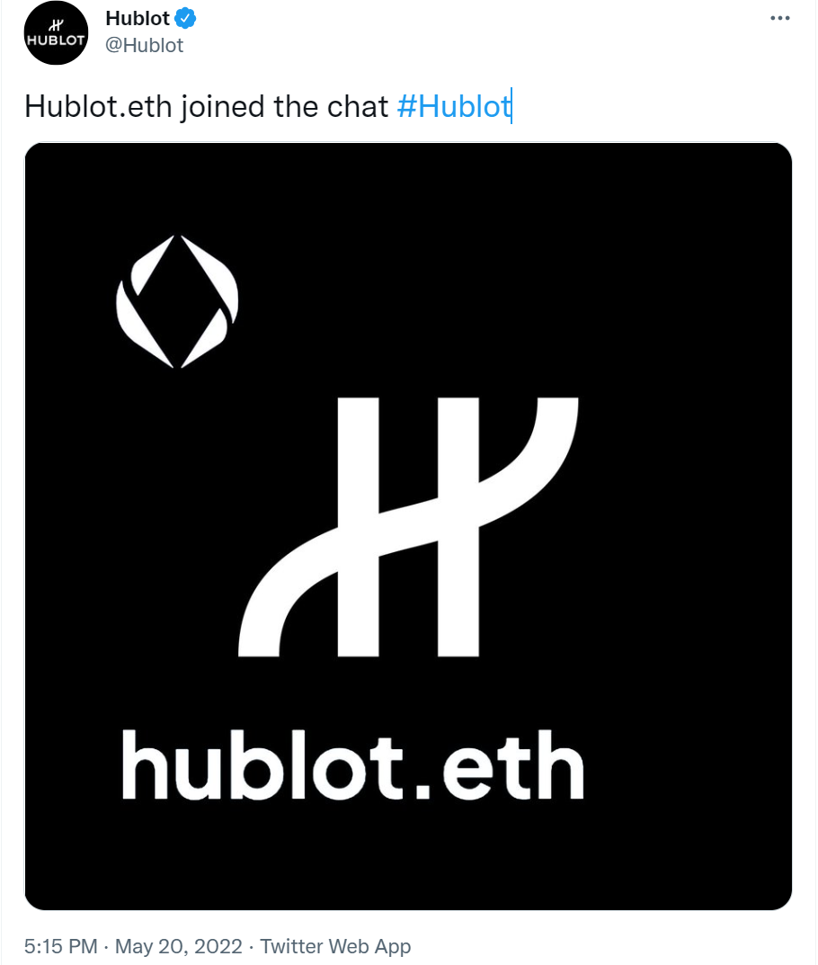 瑞士奢侈手表品牌Hublot发推展示ENS域名“Hublot.eth”