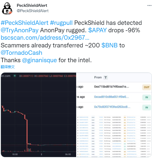 派盾：AnonPay项目发生Rug Pull，诈骗者已转移200枚BNB