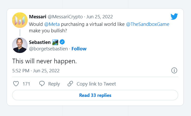 The Sandbox联合创始人：绝不可能被Meta收购