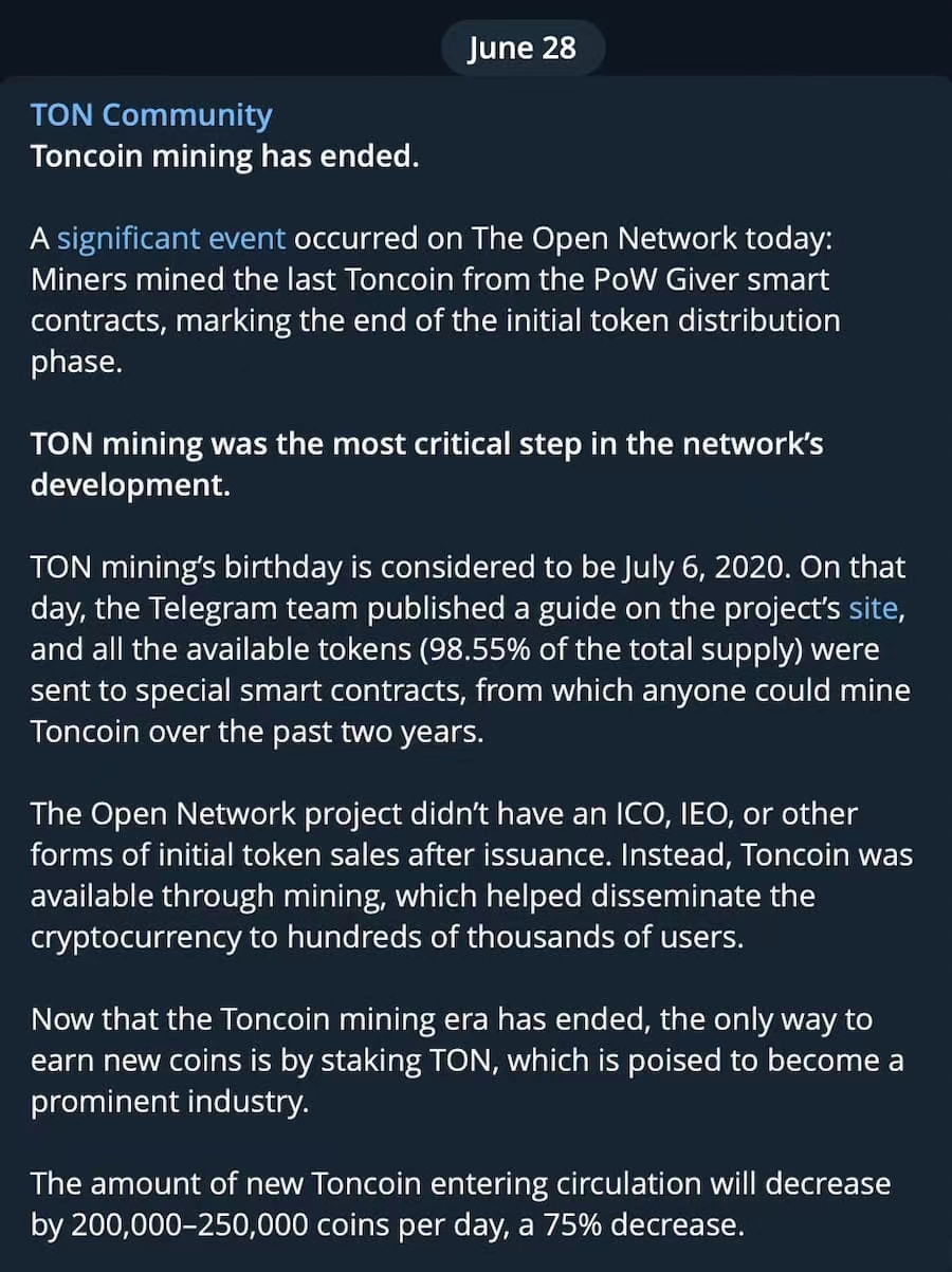 TON区块链衍生项目Toncoin已转为PoS，日发行量将减少75%