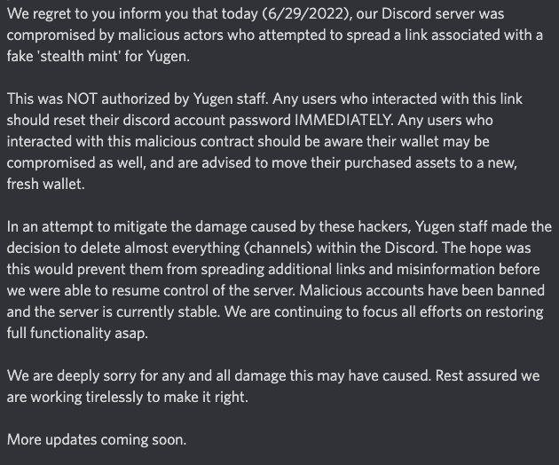 NFT项目Yugen的Discord服务器被黑客入侵，官方称正在修复
