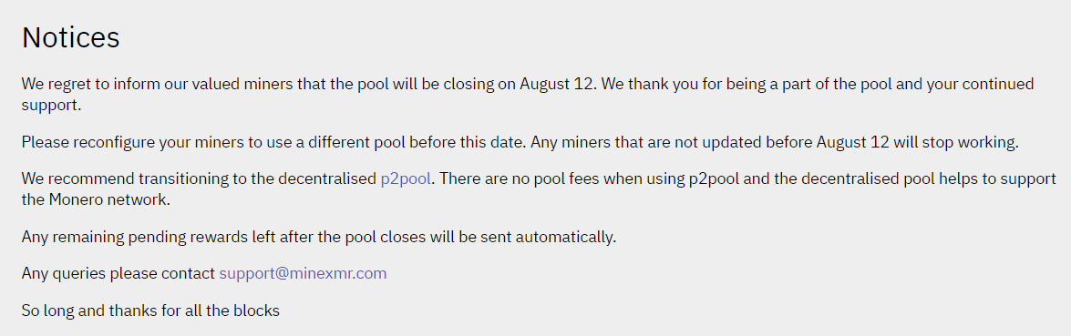 门罗币矿池MineXMR宣布将于8月12日关闭