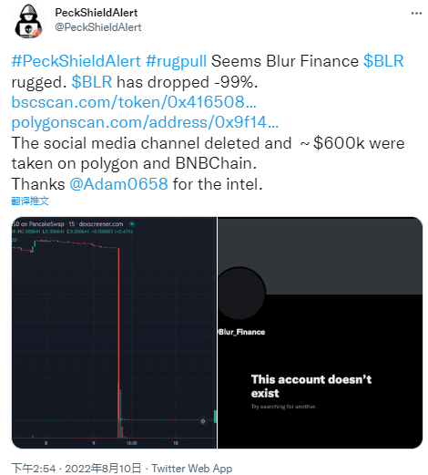 派盾：Blur Finance疑似發生Rug Pull，價值60萬美元資產被轉移