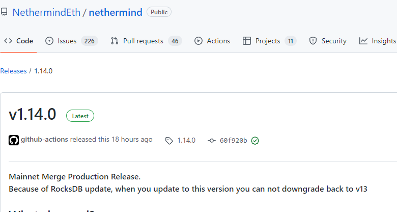 以太坊客户端Nethermind已发布主网合并生产版本v1.14.0