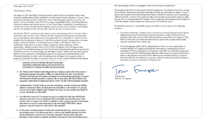美國國會議員就Tornado Cash事件致信耶倫：技術是中立的，隱私保護是正常期望