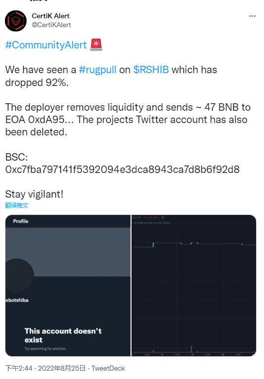 安全公司：BSC链上RSHIB项目发生Rug Pull，代币价格暴跌92%