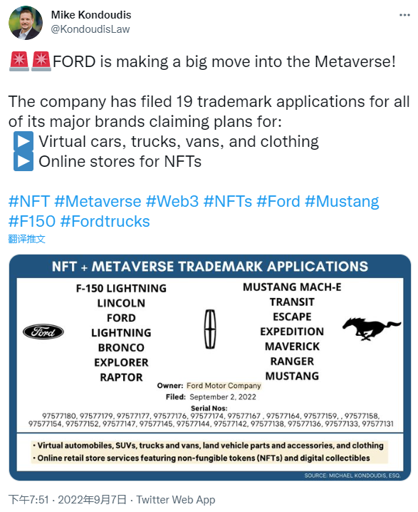 美国汽车品牌福特已经提交19项元宇宙和NFT相关商标申请