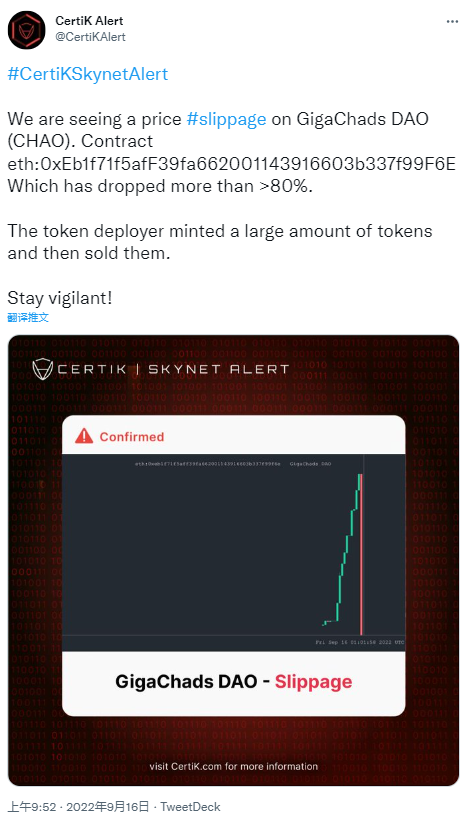安全公司：GigaChads DAO疑似出现Rug pull，CHAO代币价格暴跌80%