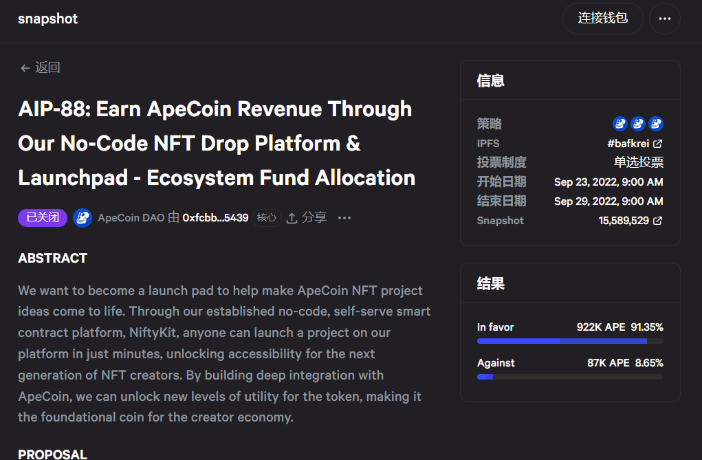 ApeCoin DAO社区关于将APE集成至NiftyKit的AIP-88提案投票已通过  