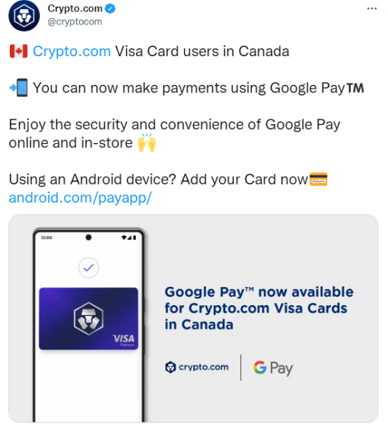 美国加密交易所Crypto.com的加拿大用户已可使用Google Pay 和 Apple Pay