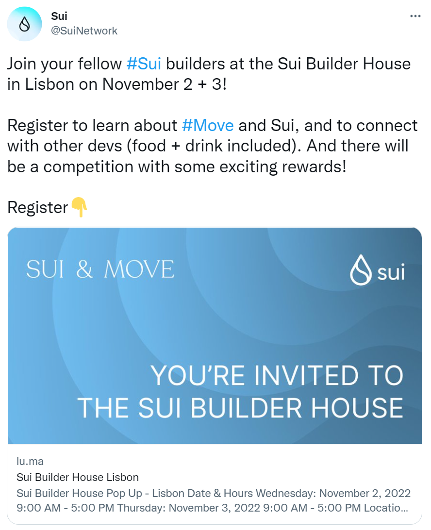 公鏈Sui將於11月初在里斯本舉行Sui Builder House，目前已開放註冊