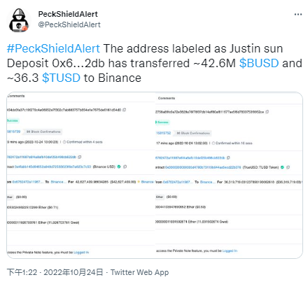 派盾：孙宇晨相关地址将4260万枚BUSD和3630万枚TUSD转至币安