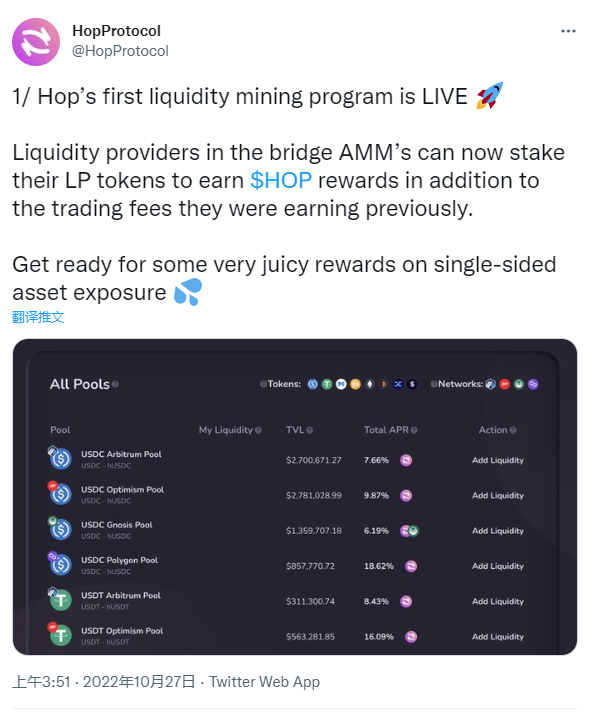 跨链桥Hop Protocol启动流动性挖矿计划，参与者可获HOP代币奖励