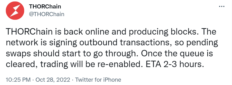 跨鏈DeFi協議Thorchain在中斷20小時後重新上線