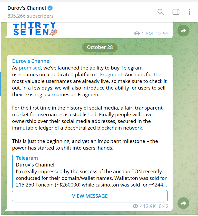 Telegram已推出在TON区块链上构建的用户名拍卖平台Fragment
