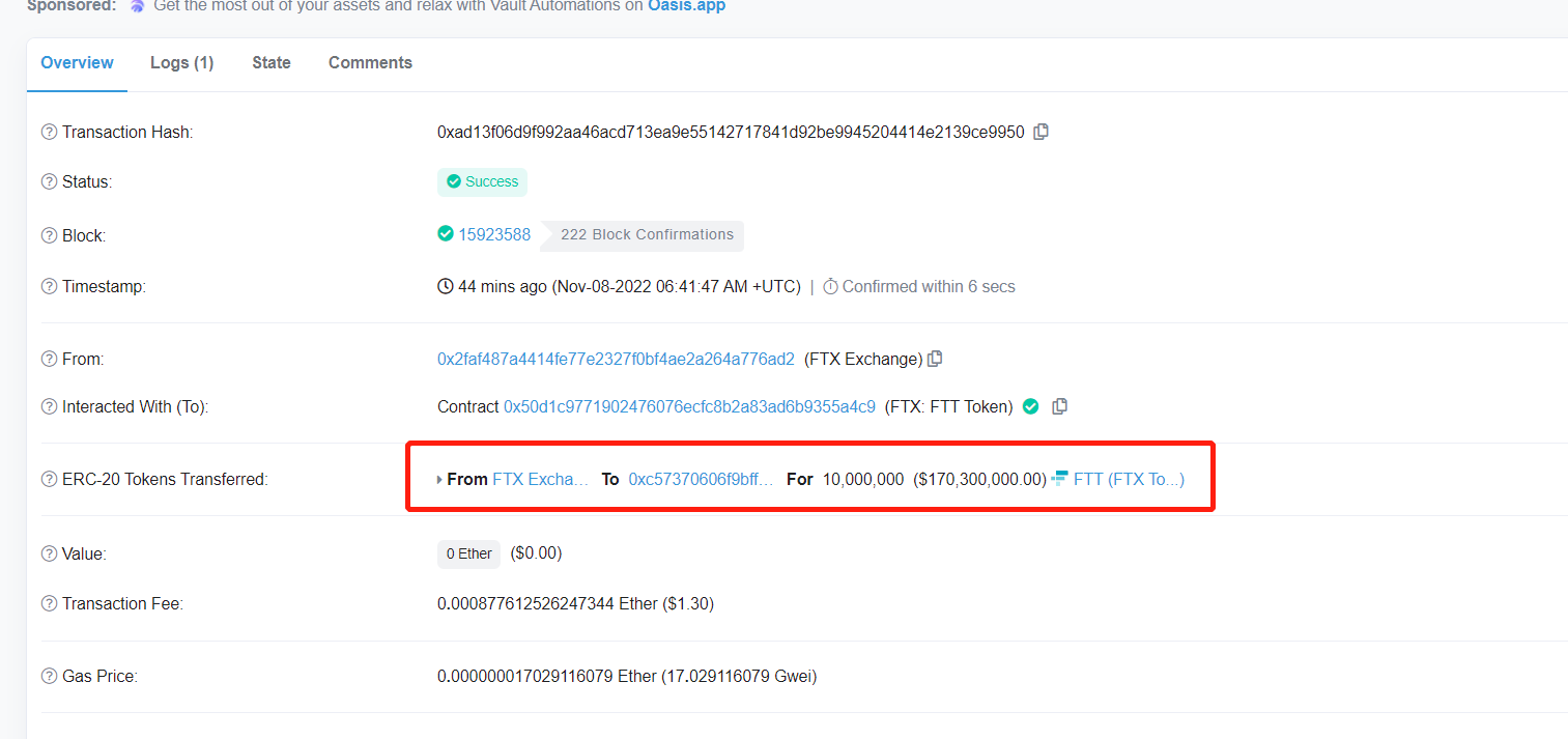 数据：1000万枚FTT从FTX转至未知地址，价值约1.7亿美元