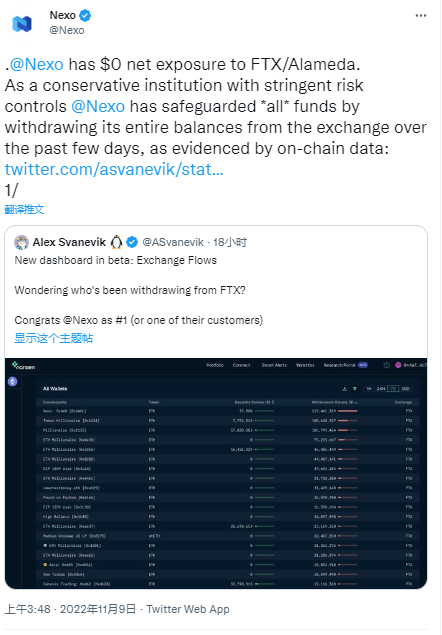 Nexo：对FTX和Alameda无风险敞口，已提取全部资产