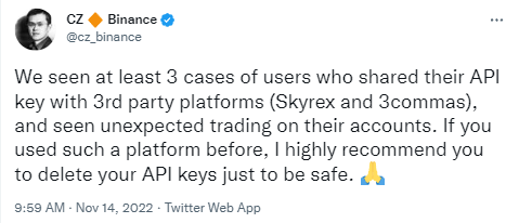 赵长鹏：建议用户删除与第三方平台共享的API密钥以保证资产安全