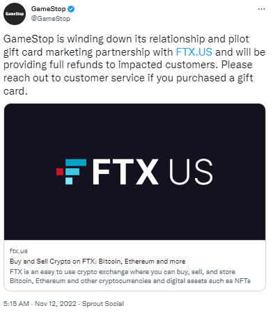 GameStop宣布将结束与FTX.US的合作关系