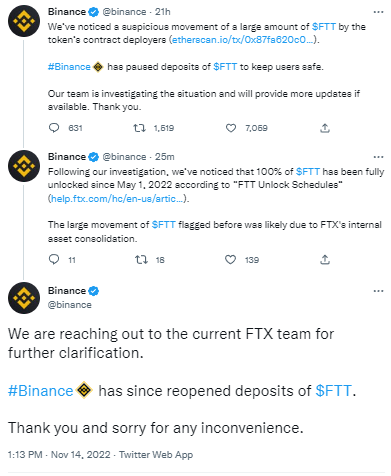 币安：此前FTT大规模移动或是FTX内部资产整合，已重新开放FTT充值