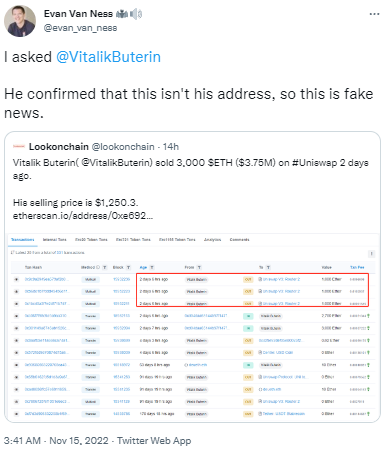 V神确认近日卖出3000枚ETH的地址非其所有