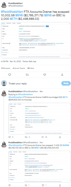 派盾：FTX黑客再次清洗部分被盗资产，包括1万枚BNB