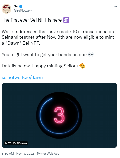 公链Sei Network将发布Sei NFT，符合条件的用户可参与铸造