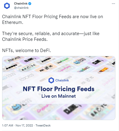Chainlink宣布其NFT地板价喂价服务上线以太坊