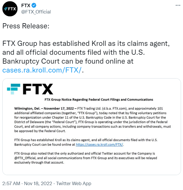 FTX Group已聘请风险咨询公司Kroll作为其索赔代理人