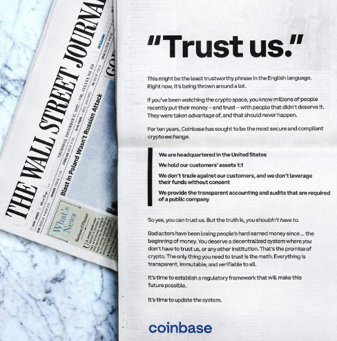 Coinbase在華爾街日報刊登題為“相信我們”的整幅版面廣告