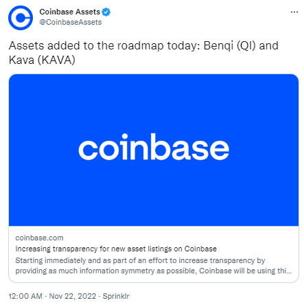 Coinbase将Benqi（QI）和Kava（KAVA）添加至资产上线路线图