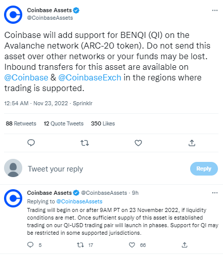 Coinbase将上线BENQI（QI）