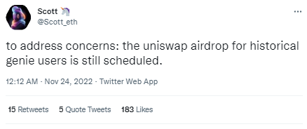 Uniswap NFT產品負責人：對Genie歷史用戶的空投仍在計劃中