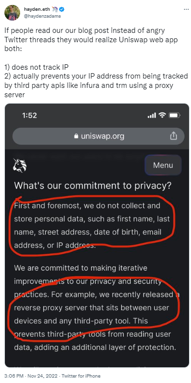 Uniswap創始人：Uniswap不追踪IP，且可防用戶IP被第三方API追踪