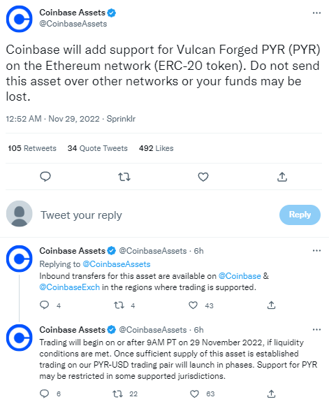 Coinbase将上线Vulcan Forged PYR (PYR)