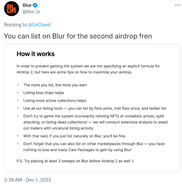 NFT市场Blur将于12月5日启动第二次空投