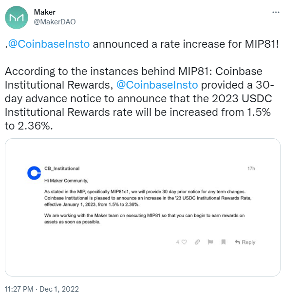 Coinbase Institutional於明年起將USDC機構獎勵利率提高至2.36%