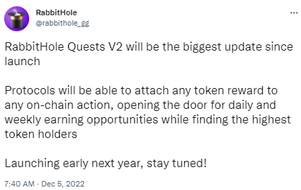 RabbitHole拟于明年初推出Quests V2更新，涵盖多链内容