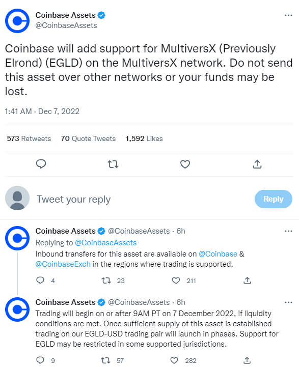 Coinbase将上线MultiversX（EGLD）