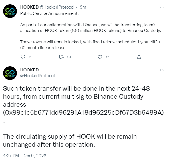 Hooked Protocol将把团队分配的1亿枚HOOK代币转移到币安托管 