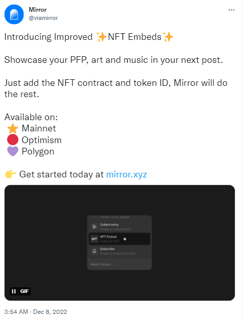 Mirror支持在文章中嵌入并展示PFP、艺术和音乐类NFT