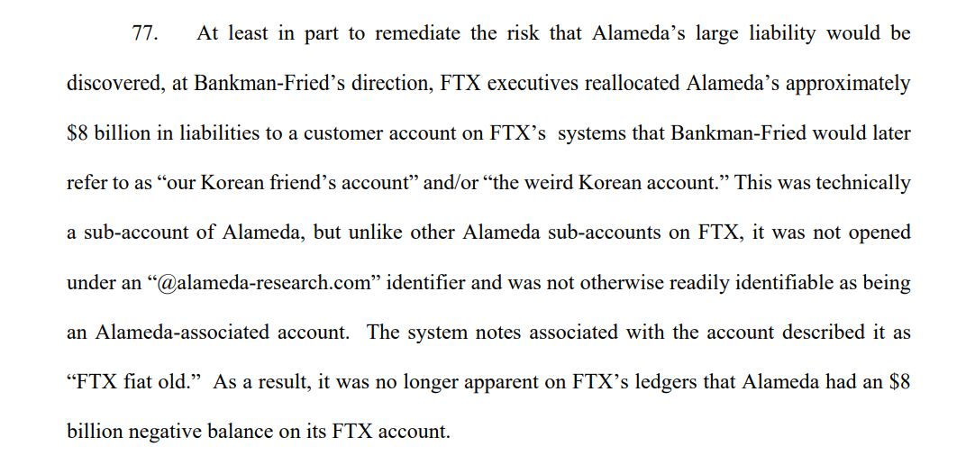 CFTC指控文件：SBF曾指示将Alameda约80亿美元的负债分配到FTX系统中“韩国朋友”的账户