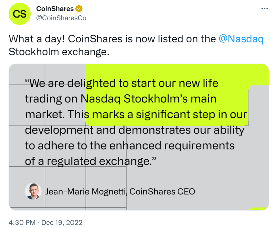 CoinShares在纳斯达克斯德哥尔摩证券交易所上市