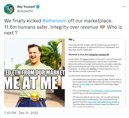 Paxful CEO：将从交易市场移除ETH，因其不是去中心化的