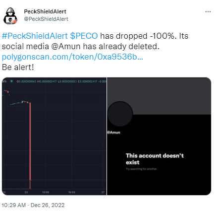 派盾：PECO价格下跌100%，其开发团队Amun已删除***方**