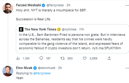 馬斯克及加密社區譴責紐約時報為SBF發布的最新洗白文章