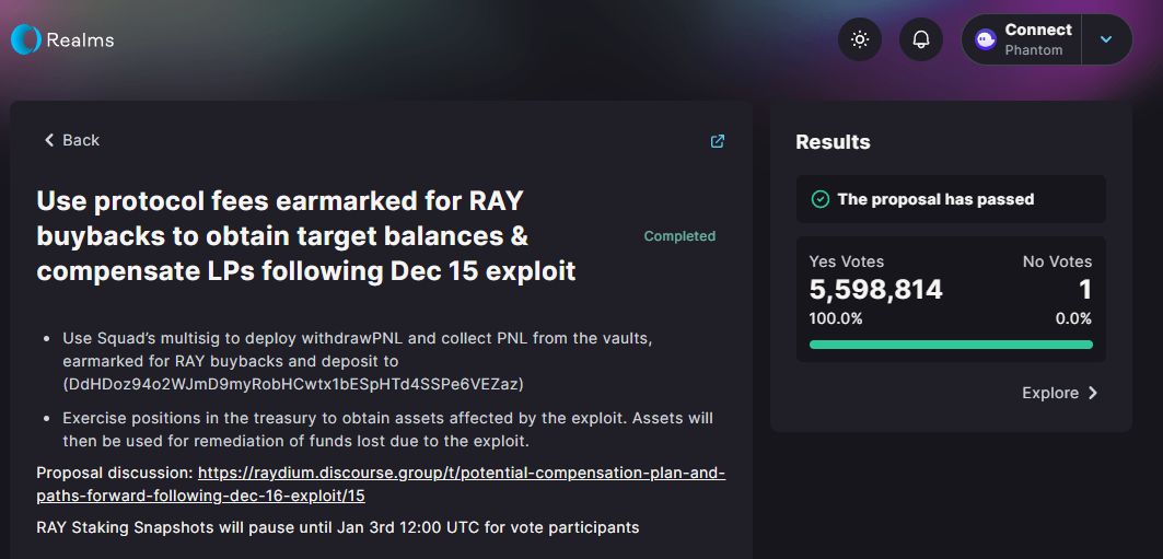 Raydium的漏洞補償提案以100%的支持率獲得投票通過