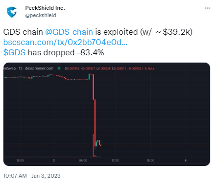 派盾：公链项目GDS Chain被攻击，损失约4万美元