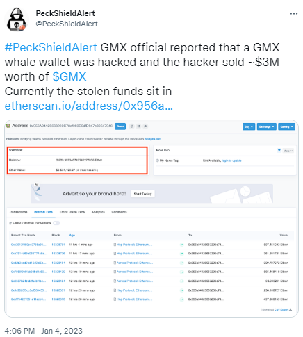派盾：某GMX巨鲸钱包被盗，黑客抛售价值约300万美元GMX